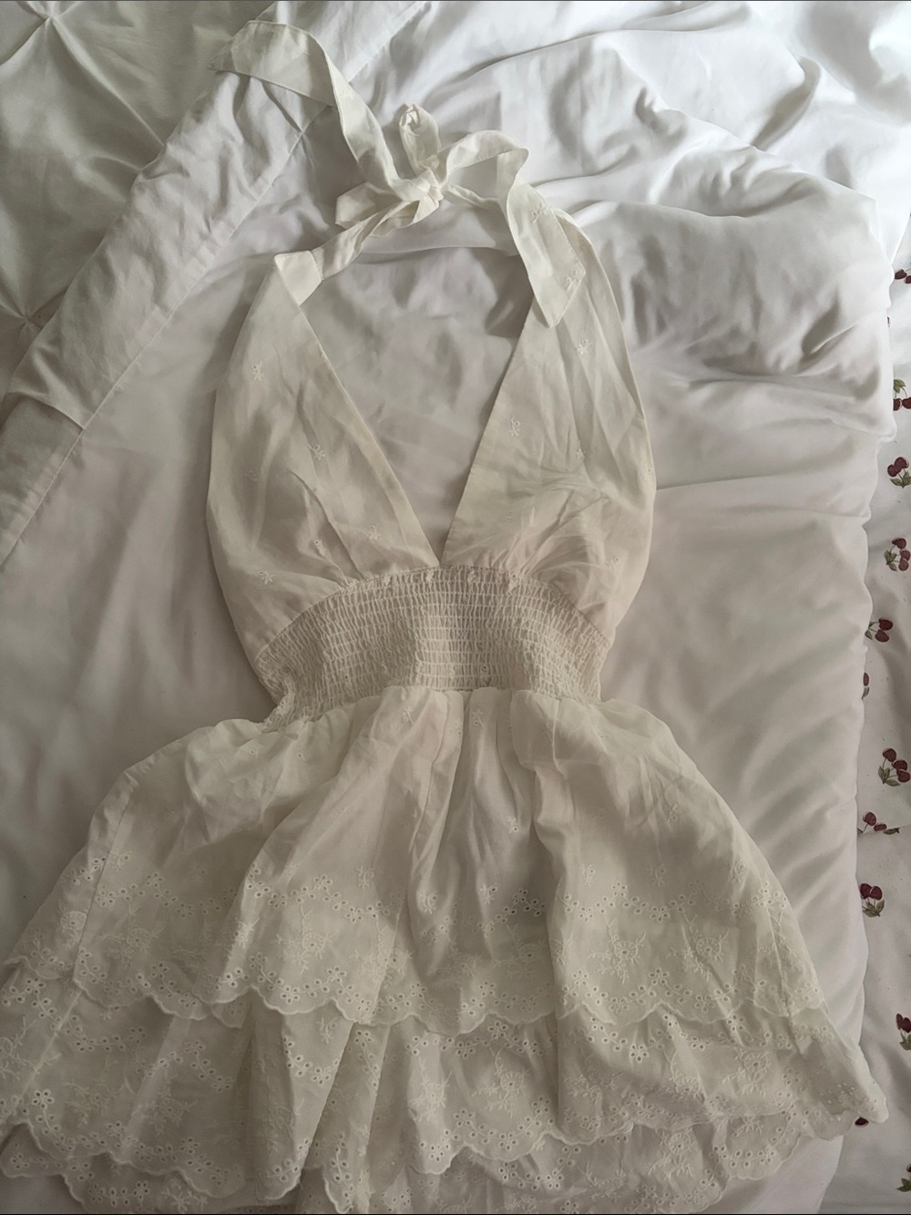 FashionNova White Halter Eyelet Tiered Romper Mini Flared Romper